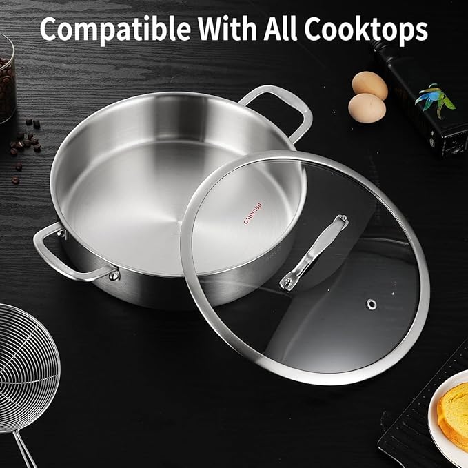 DELARLO Tri-Ply Stainless Steel 7QT Saute Pan With Lid, 12 Inch Deep Frying Pan, Induction Large Skillet, Cooker Pan for Chefs, Dishwasher & Oven Safe