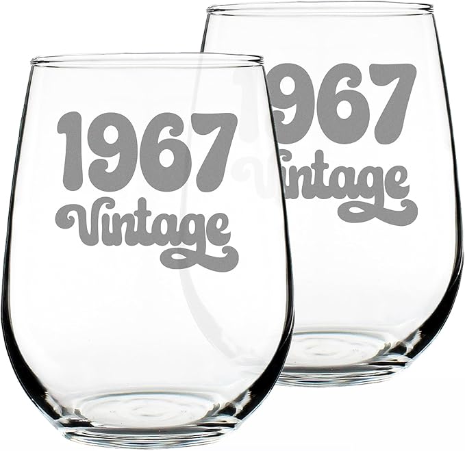 Bevvee Vintage 1967 Stemless Wine Glass - 59th Birthday Gifts for Women & Men Turning 59 - Bday Party Decor - Set of 2 - Large 17 oz