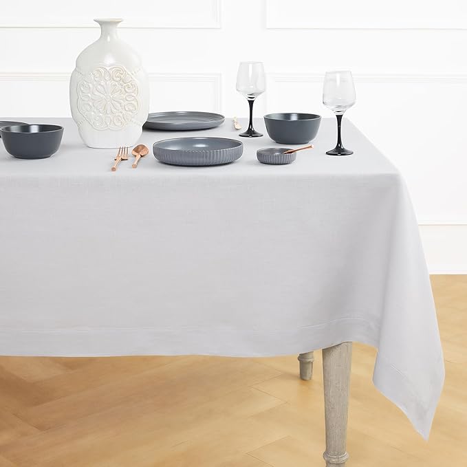 Solino Home Linen Tablecloth 60 x 90 Inch - 100% Pure Linen Silver Cloud Table Cloth for Rectangle Tables - Fete, Machine Washable Tablecloth for Winter