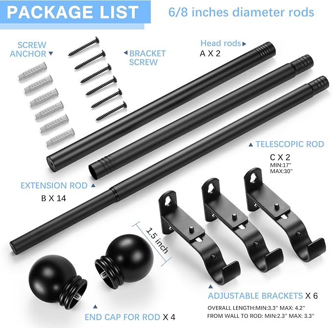Curtain Rods for Windows 16 to 136 Inches, Curtain Rod Max Adjustable Length of 144 IN, 6/8" Diameter Drapery Rods Round Finials, Black, Pack of 2