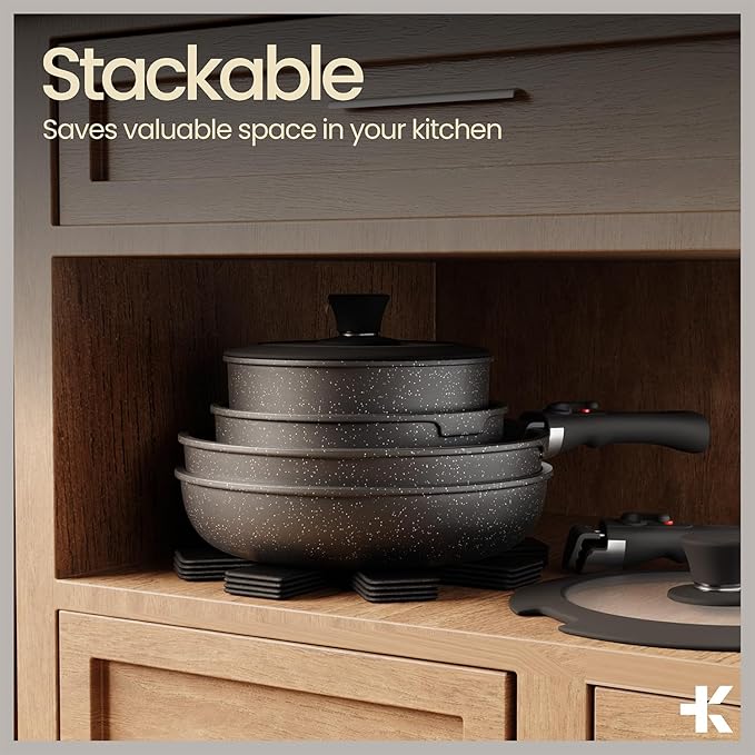 Pots & Pans Set Non Stick Ceramic-Granite – 15-Piece Cookware with Detachable Handles, Stackable Space-Saving, Dishwasher Safe, Oven & All-Stove Safe, Tempered Glass Lids, Black Granite
