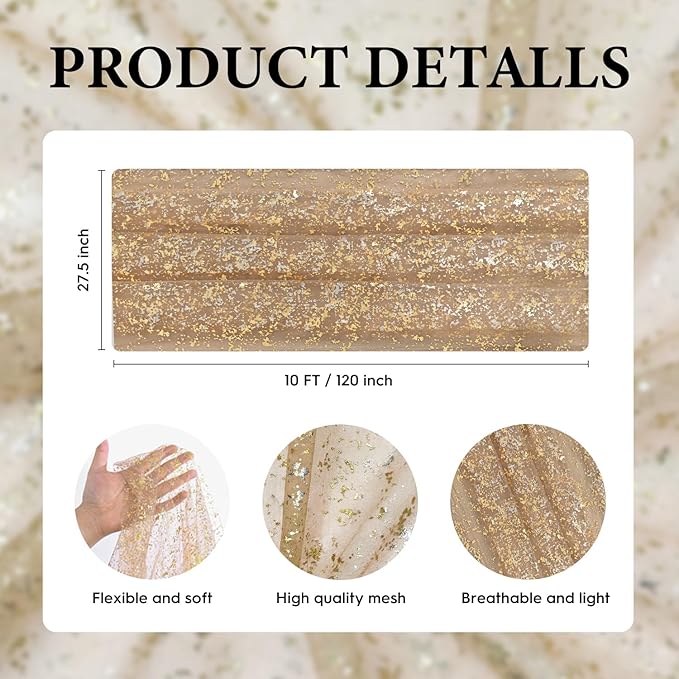 Artoid Mode Coffee Gold Gauze Table Runner 120 Inch 10FT, Glitter Metallic Foil Sheer Dining Wedding Anniversary Holiday Birthday Table Decor for Home Party