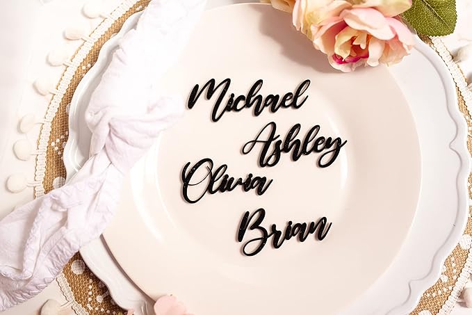 Acrylic Customized Wooden Name Tags for Place Setting, Personalized Place Cards for Weddings, Bridal Showers and Events, Cursive Laser Cut Seating Cards