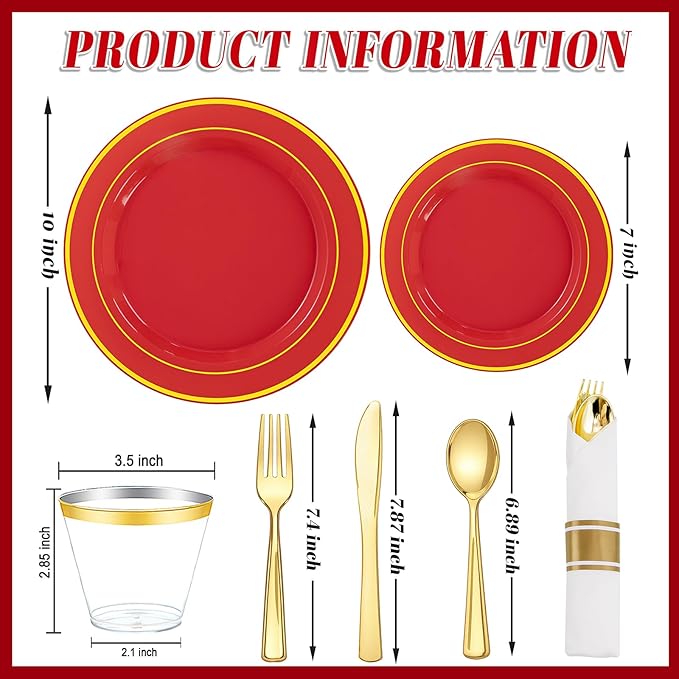 350Pieces Red Plastic Plates with Gold Rim Include 50Dinner Plate 10”, 50Dessert Plate 7”, 50 gold Cups 9 OZ, 50 Pre Rolled Napkins for Party Valentine's Day