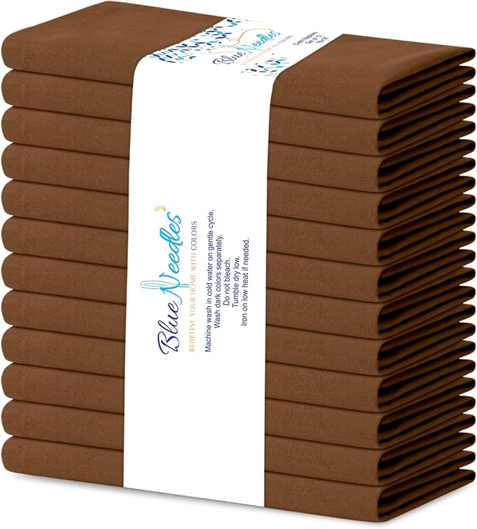 Blue Needles Solid Cloth Napkins Set of 12 Nut Brown 100% Cotton Dinner Napkins 18x18 inches - Soft, Reusable, Absorbent & Washable Linen, Ideal for Wedding Events, Parties & Everyday Use