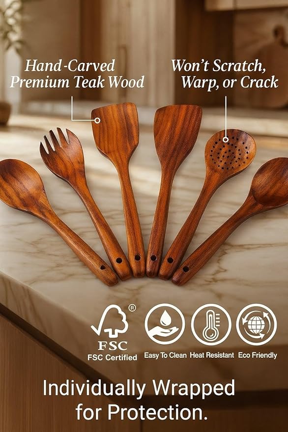 6-Piece Teak Wooden Cooking Utensil Set – Spoons and Spatulas for Nonstick Cookware, Non-Scratch Heat-Resistant Eco-Friendly Kitchen Tools