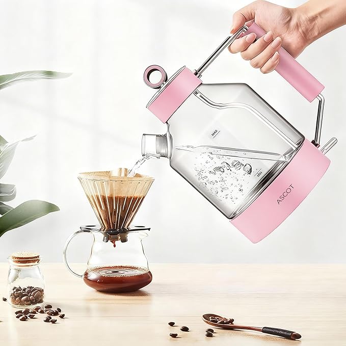 Electric Kettle, ASCOT Glass Electric Tea Kettle 1.5L 1500W Retro Tea Heater & Hot Water Boiler, No Plastic, BPA-Free, Cordless, with Auto Shut-Off and Boil-Dry Protection (Pink)