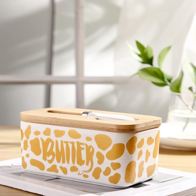 Cow Butter Holders, Cceramic Butter Dish with Lid, Large Butter Dish with Lid for Countertop, Silicone Sealing, Good Kitchen Gift, White (Gold with Knif)