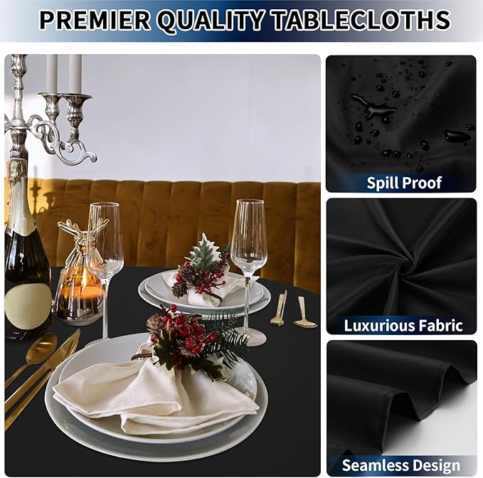 PureFit 6 Pack Round Black Table Cloths 120 Inch for Round Tables, Stain and Wrinkle Resistant Table Linens for Home Use, Wedding, Party, Banquet and Camping