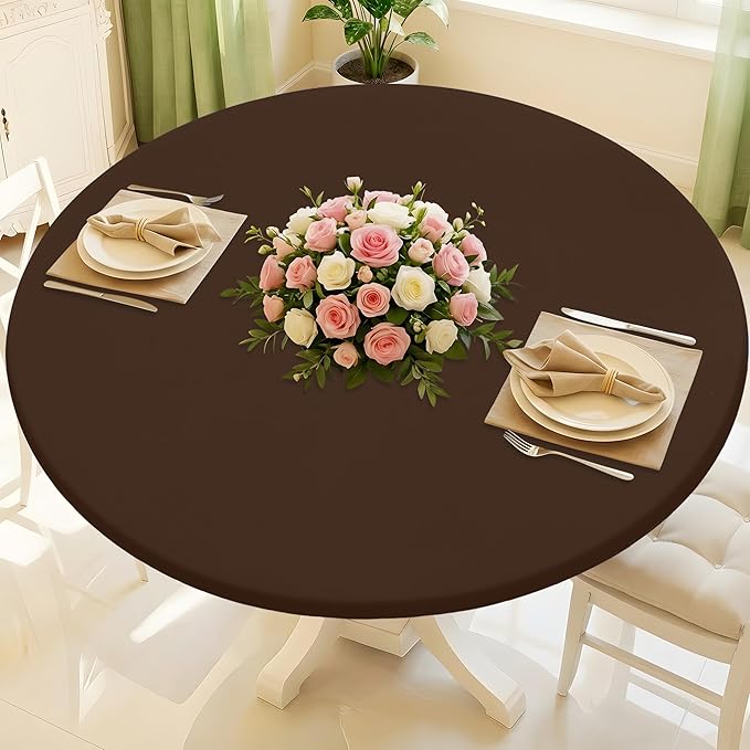 Round Spandex Tablecloth, Elastic Fitted Waterproof Tablecloths for 45"-56" Tables, Stretch Washable Picnic Table Cover for Camping, Dining, Indoor and Outdoor, Coffee