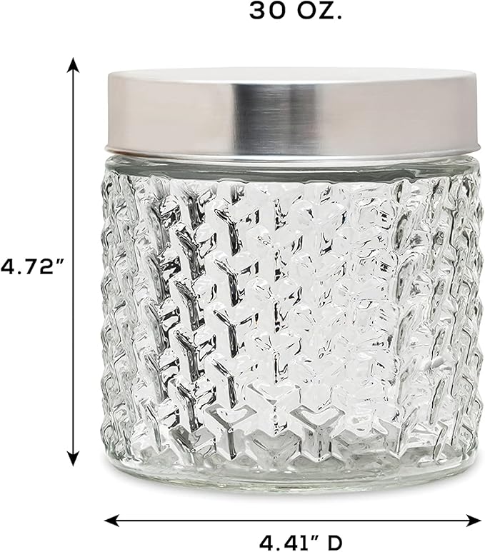 Style Setter Round Canister Set 3-Piece Glass Jars in 30, 44 and 59 ounces Chic Retro Design with Airtight Stainless Steel Lids for Cookies, Candy, Coffee, Sugar, Rice, Pasta, Cereal and More Weave