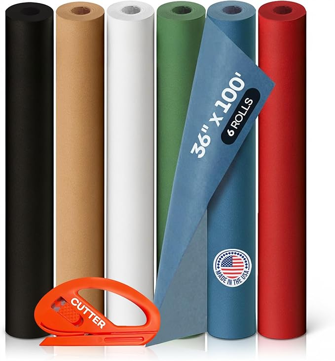 Assorted Colors Construction Paper with Cutter, Set of 6 Rolls 36" x 1200" (100 ft) - USA-Made Natural Multi-Color Paper for Gift Wrapping, Kids' Arts & Crafts, School & DIY Projects by IDL Packaging