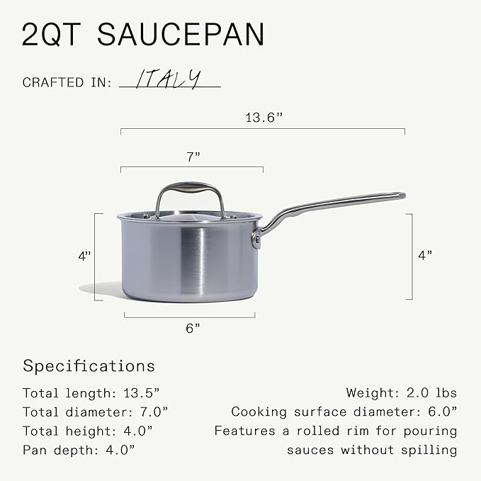 Made In Cookware - 2 Quart Saucepan with Lid - Stainless Clad 5 Ply Construction - Induction Compatible - Professional Cookware - Made in Italy
