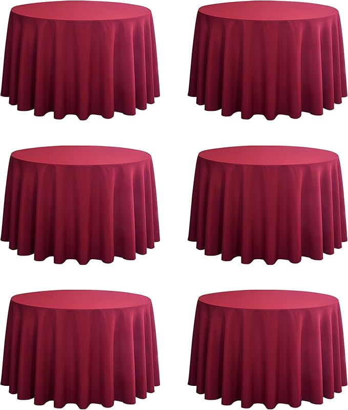6-Pack Round 108-inch Burgundy Table Cloths, Solid Stain and Wrinkle Resistant Circular Tablecloth, Premium Plain Weave Polyester Fabric Table Linen Covers for Hotel, Banquet