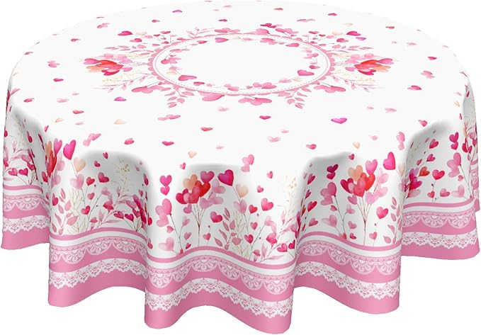 Valentine Round Tablecloth 70 Inch Pink Love Heart Floral Plants Circle Table Cloth Seasonal Holiday Valentine's Day Table Cover for Party Kitchen Dinner Home Decor