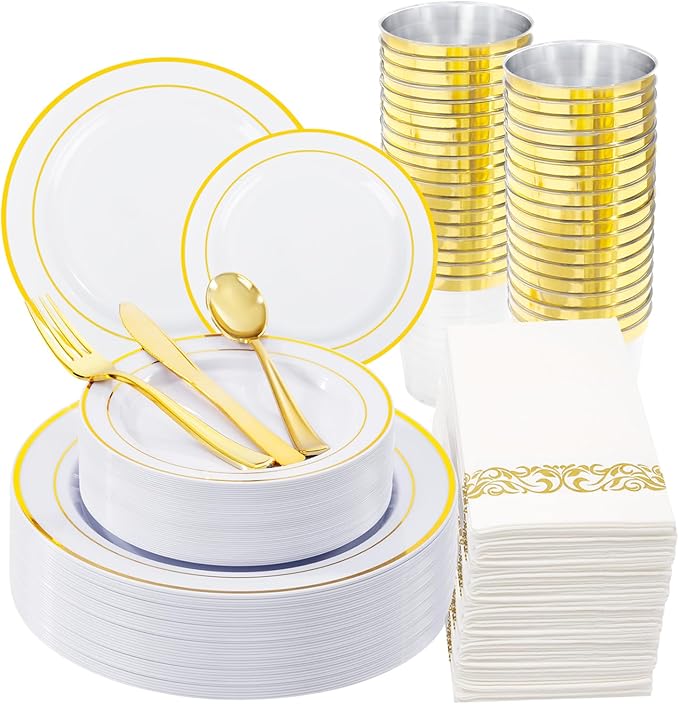WDF 175PCS White and Gold Plastic Plates - Gold Plates Disposable - 25 Guest Gold Disposable Dinnerware Sets Include 50 Plate, 25 Cutlery, 25 Napkins and 25 Cups for Party Wedding Valentine's Day