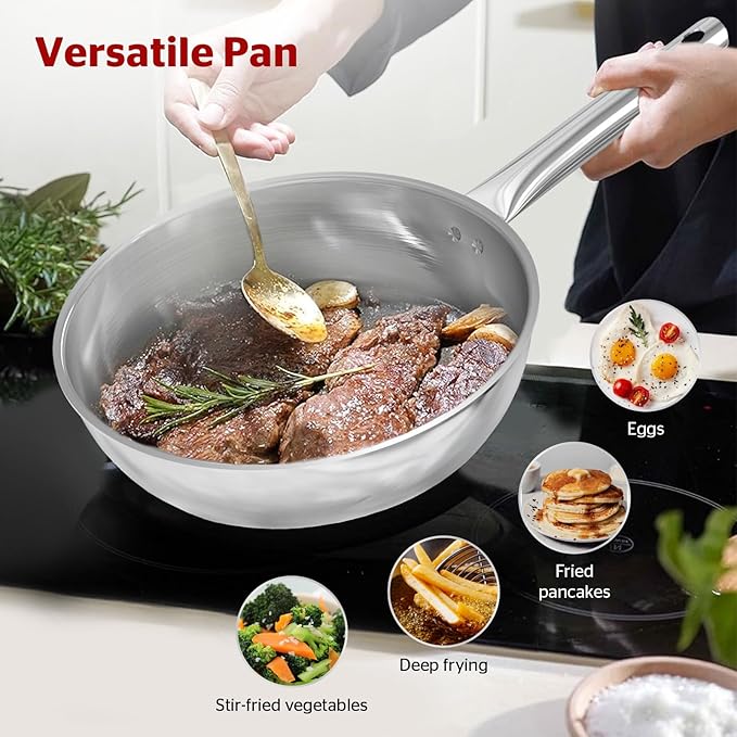 Sunhouse 11 Inch Tri-Ply Stainless Steel Frying Pan, Whole-Clad No Coatings Skillet with Stay-cool Handle for Cooking, Durable & Oven Safe to 500°F, Dishwasher Safe, Compatible with All Cooktops