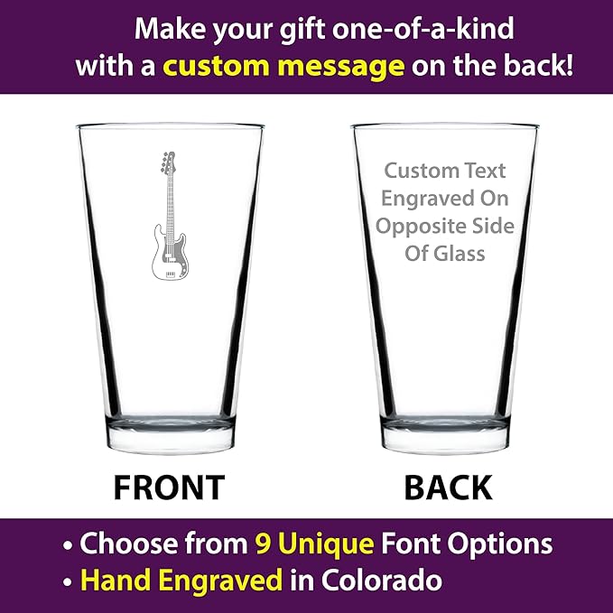 Custom Electric Bass Pint Glass for Beer - Music Gifts for Bass Players, Teachers and Musical Accessories for Musicians that Play Bass Guitar - 16 Oz Glasses