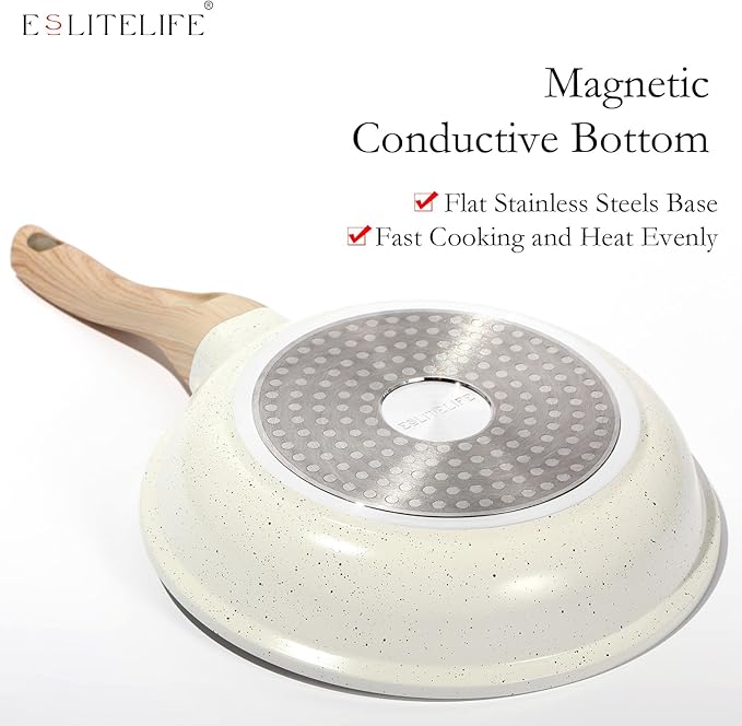 ESLITE LIFE Nonstick Ceramic Frying Pan Skillet with Lid, Non-Toxic Egg Omelette Kitchen Cooking Pans Compatible with All Stovetops (Gas, Electric & Induction), PTFE & PFOA Free (White, 9.5" w/Lid)