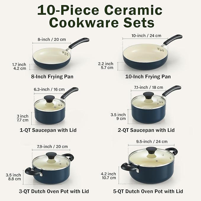 Cook N Home Pots and Pans Set Nonstick, 10-Piece Ceramic Kitchen Cookware Sets, Nonstick Cooking Set with Saucepans, Frying Pans, Dutch Oven Pot with Lids, Blue
