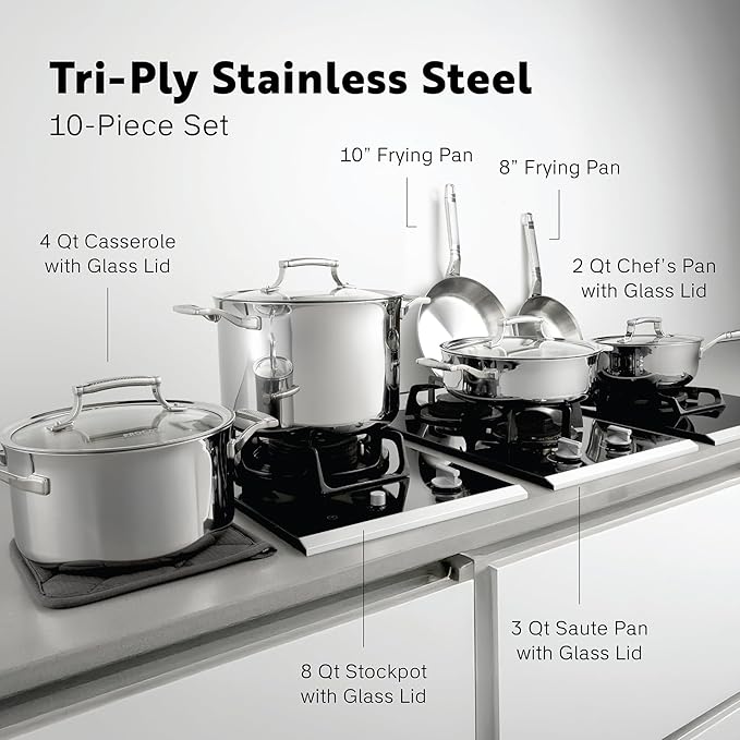 10-Piece Triply Stainless Steel Cookware Set - Fully Clad Pots and Pans Set with 8 Qt Stock Pot, Saute, Saucepan, Frying Pan - Non Toxic Cookware - Induction, Dishwasher & Oven Safe