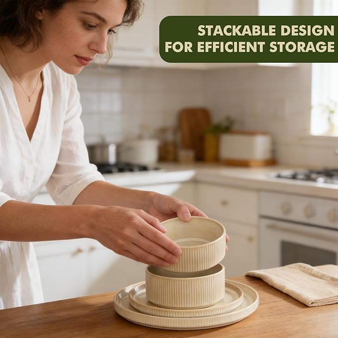 Stoneware Dinnerware Sets, Plates and Bowls Sets for 4, 12-Piece Ribbed Dishes – Chip & Scratch Resistant, Microwave and Dishwasher Safe Tableware, Beige