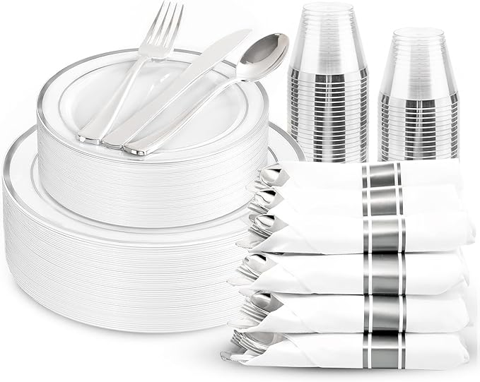 175PCS Sliver Plastic Plates - Silver Plates Disposable - White Plate with Silver Trim 25Guests Plastic Dinnerware Sets with Rolled Napkins for Wedding/Birthday/Valentine's Day