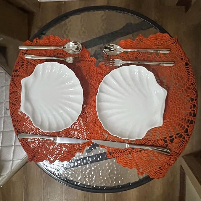 BIBITIME Lace Placemats Table Doilies Round Handmade Crochet Doily Kitchen Coffee Cup Mug Mats Dinner Place Mats (16 to 17.5 inches-2PCS, Orange)