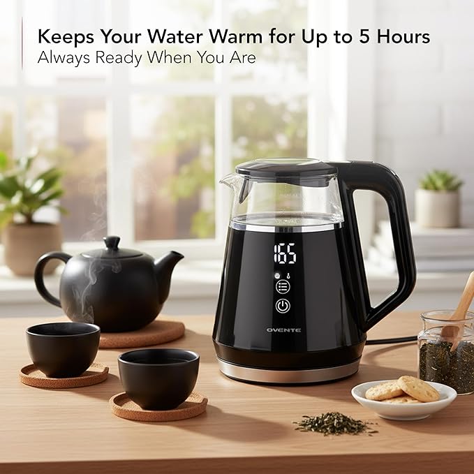 OVENTE 1L Small Electric Kettle with 5 Temperature Preset, Digital Display, 5Hr Keep Warm, Auto Shut-Off, Double-Wall Cool Touch Exterior, Borosilicate Glass,1500W BPA Free Water Boiler, Black KD95B