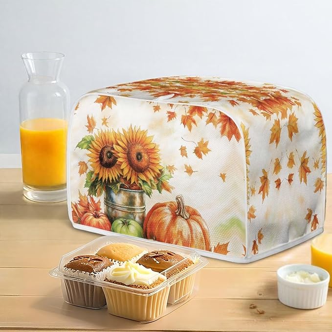 Doojoayie Toaster Cover Dust Resistant Cover for Kitchen Small Appliance Sunflower & Pumpkin 2 Slice Bread Machine Protector Thanksgiving Decor Accessories for Home Kitchen