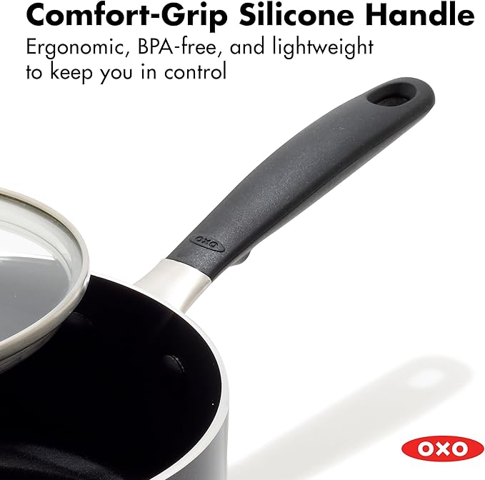 OXO 1.6QT Non-Stick Every Day Sauce Pan with Glass Lid, BPA-Free Comfort Grip Silicone Handle, Dishwasher & Oven Safe, PFAS-Free Ceramic Skillets, Sauce & Soup Chef Pot, Drip-Free, Black