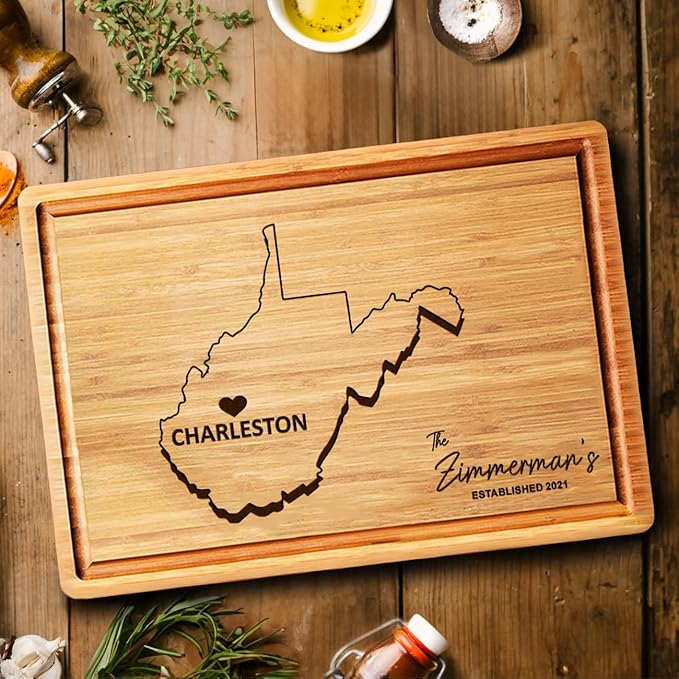 Destination Cutting Board Personalized West Virginia, Wooden States Boards, State Shaped WV Home Decor, Wood Destination Moving Away Gifts for Family
