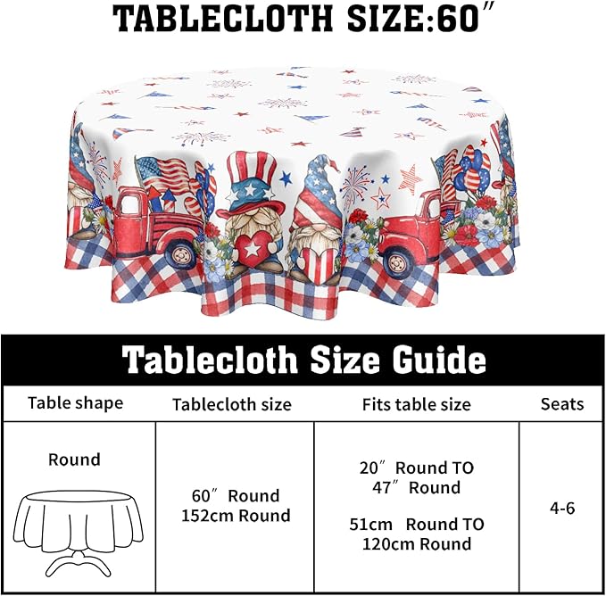 4th of July Round Tablecloth 60 Inch Patriotic Truck Gnome American Flag Polyester Table Cloth Memorial Day Independence Day Table Cover Decoration for Kitchen Dinner Party