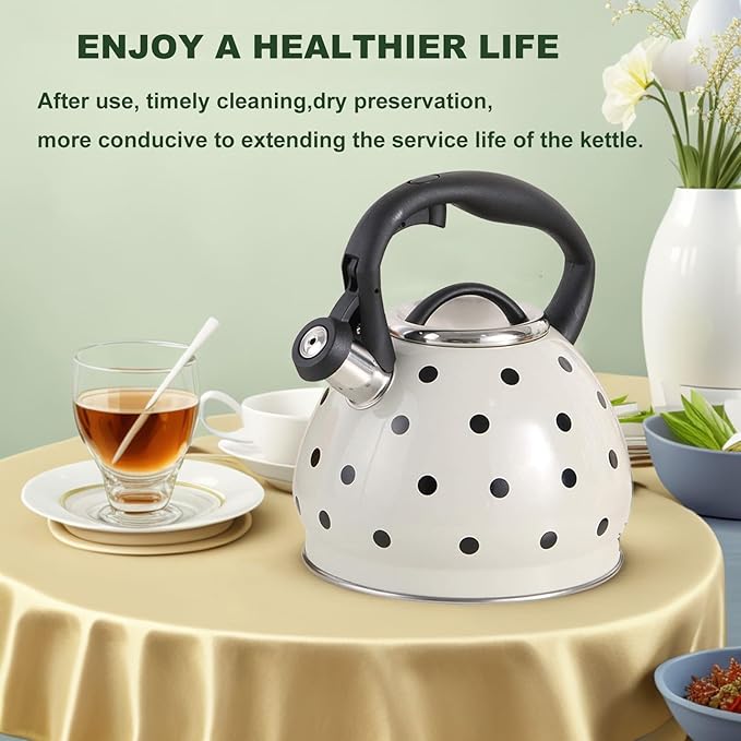 Polka Dot Tea Kettle Stovetop - 3.2 Quart Stainless Steel Whistling Kettle, Vintage Black & White Design, Gas & Electric Stove Safe
