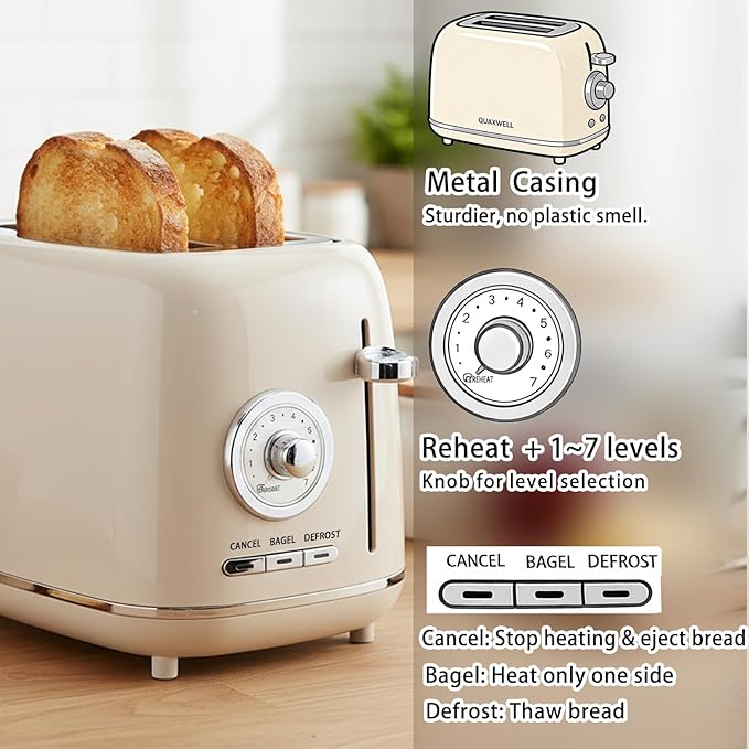 2-Slice Toaster, Wide Slots, 7 Bread Shade Settings, Stainless Steel, Bagel, Cancel, and Defrost Functions, Removable Crumb Tray, Retro Style Toaster,Beige