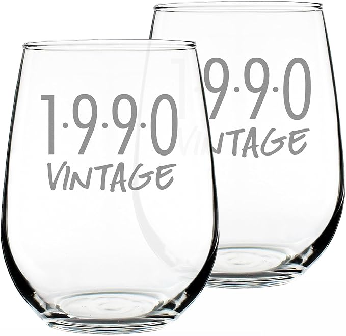 Bevvee Vintage 1990 Stemless Wine Glass - 36th Birthday Gifts for Women & Men Turning 36 - Bday Party Decor - Set of 2 - Large 17 oz