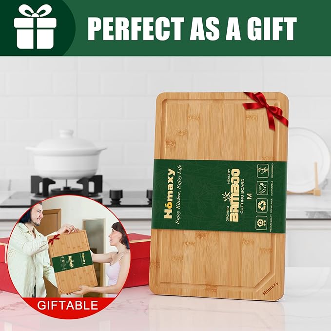 Homaxy Organic Bamboo Cutting Boards for Kitchen, 15"x10" Wooden Medium Cutting Board with Juice Groove and Handles, Charcuterie Butcher Block Wood Serving & Chopping Board - Pre Oiled