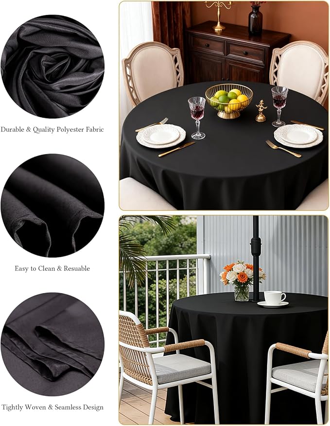 BESTVIP 6 Pack 60inch Round Polyester Tablecloths - Fabric Washable Decorative Table Cover for Parties, Weddings, Holiday, Events, Restaurant (Black)