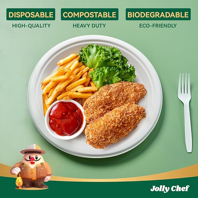 JOLLY CHEF Compostable Heavy Duty Plates 𝟭𝟬 𝗜𝗻𝗰𝗵 [𝟱𝟬𝟬 𝗣𝗮𝗰𝗸] Eco-Friendly Disposable White Uncoated Paper Plates Bagasse Sugarcane Biodegradable for Hot Cold Food Party Dinner Christmas