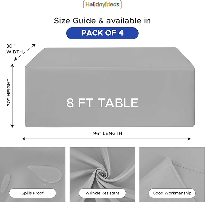 HolidayIdeas Fitted Tablecloths for 8 Foot Rectangle Table, Wrinkle Resistant Washable Table Cover 30x96 Inch for Vendor Booth Display, Banquet, Trade Show, Silver Grey, 4 Pcs