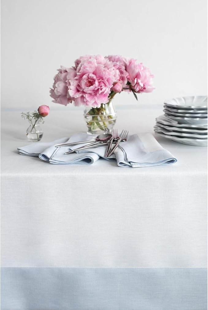 Solino Home Linen Tablecloth 60 x 108 Inch - 100% Pure Linen Light Blue and White Tablecloth for Rectangle Tables - Contempo, Machine Washable Table Cloth for Winter, Spring, Easter