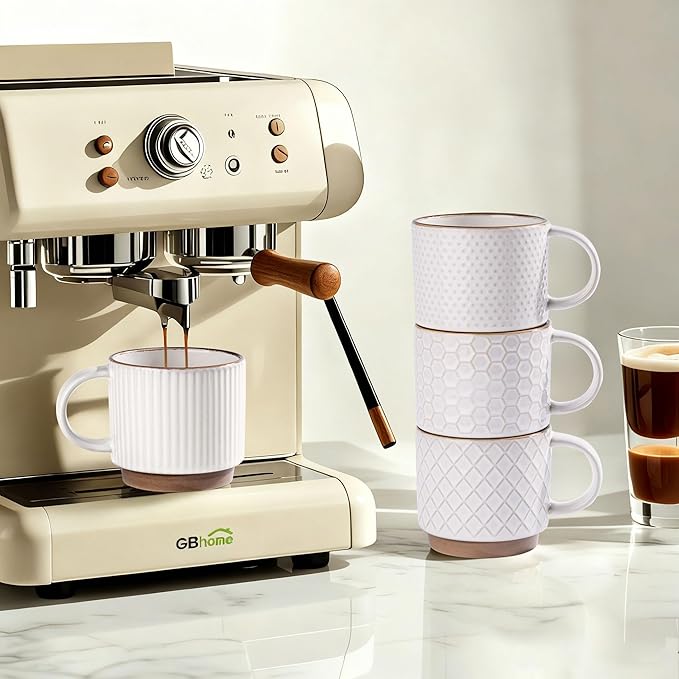 GBhome 12OZ Stackable Coffee Mugs with Stand, Ceramic Coffee Mugs with Texture Patterns for Man,Woman,Dad,Mom, Modern Coffee Cups Set of 4 for Latte/Cappuccino/Cocoa. Dishwasher&Microwave Safe