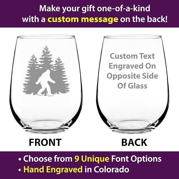 Custom Bigfoot Personalized Stemless Wine Glass - Funny Bigfoot Gifts for Sasquatch Enthusiasts - 17 Oz Wine Glasses - Customized Wine Glass Gift