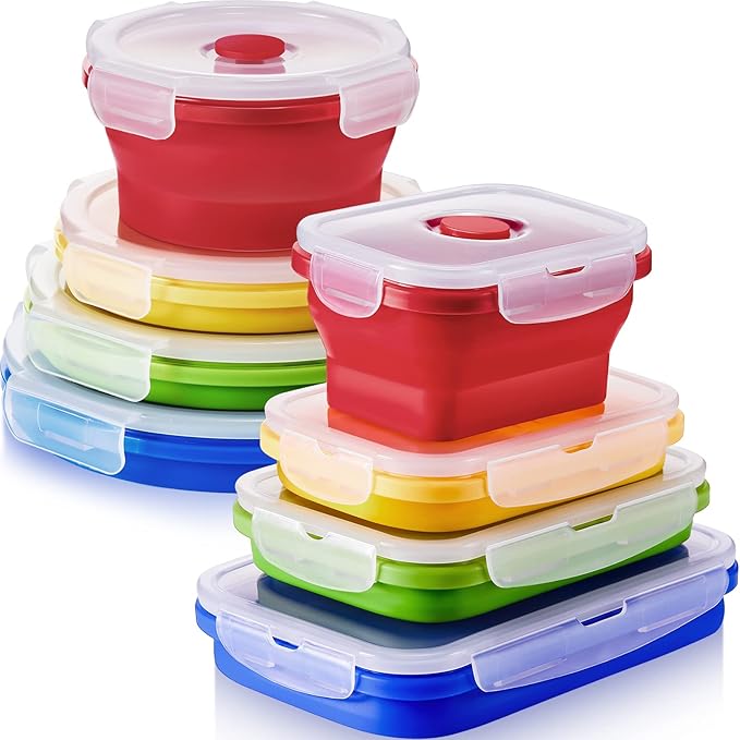 Zopeal 8 Pcs Collapsible Food Storage Containers Foldable Silicone Lunch Containers with Lids 4 Silicone Rectangle Collapsible Bowls and 4 Round Food Bowls Microwave Freezer Dishwasher Safe (Colorful)