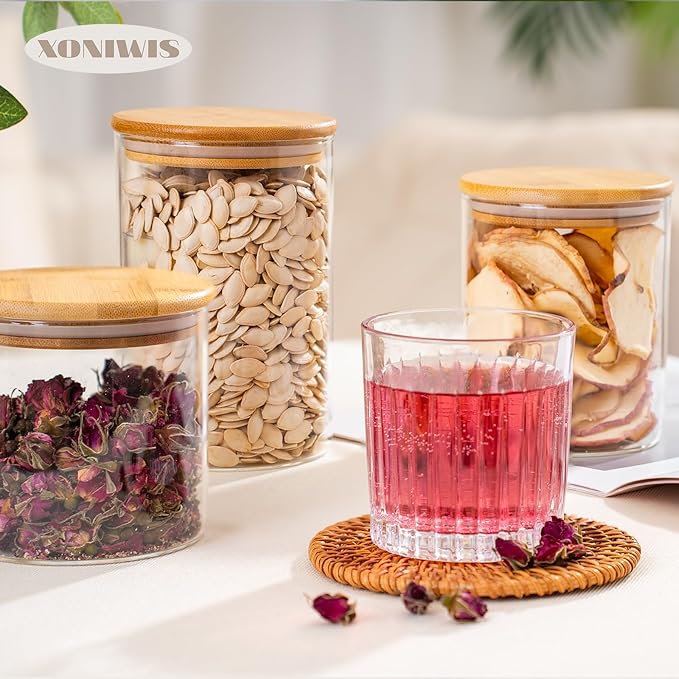32oz 6PCS Round Airtight Glass Food Storage Jars, Clear Glass Food Storage Container with Bamboo Lid, Stackable Spice Jar, Kitchen Canister for Sugar, Tea, Coffee bean, Pasta, Oat, Spice