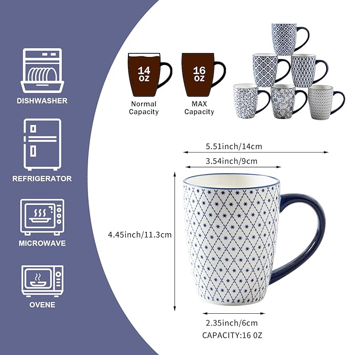 Ceramic Coffee Mugs Set - 16 Oz Large Porcelain Tea Cups with Handle for Women Men Cocoa Cappuccino Latte - Christmas Housewarming Gift - Dishwasher Safe - Set of 6 - Vintage Blue
