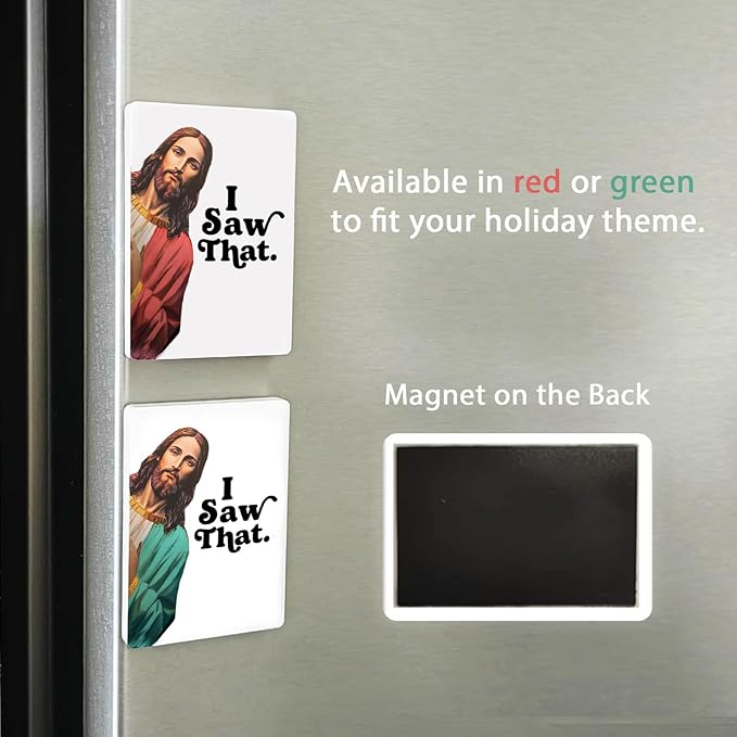 Funny Jesus “I Saw That” Ceramic Magnet, Refrigerator Magnet for Home or Office, Cute Bible Meme Decor, White Elephant Gift Idea, Christmas Gag Magnet, 2 x 2.75 Inch (Red)