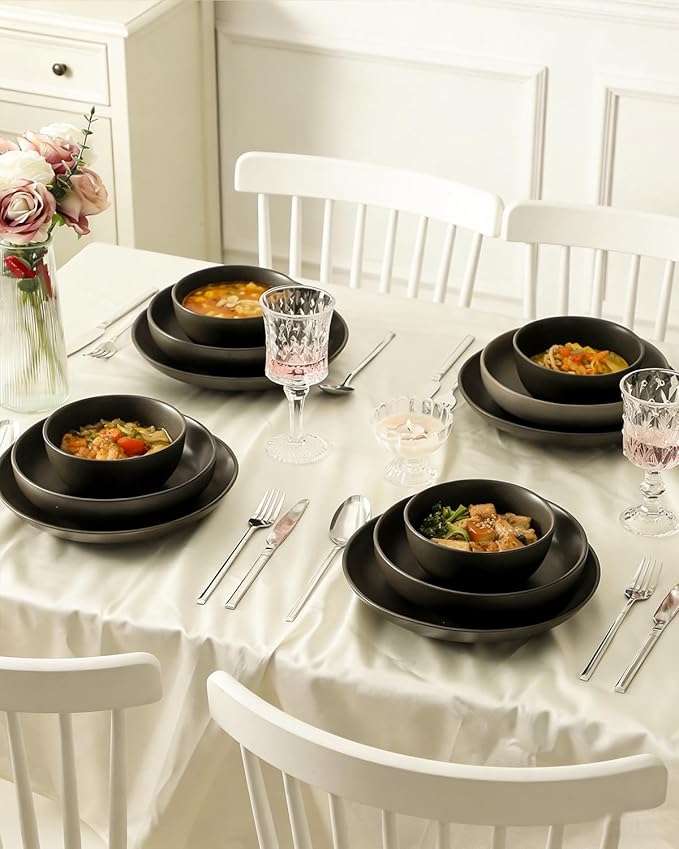 Stoneware Dinnerware Set for 4 Person,12 Pieces Ceramic Plates and Bowls Sets Matte Black Modern Dish Set for Kitchen Dinner,Scratch Resistant,Microwave and Dishwasher Safe,Round