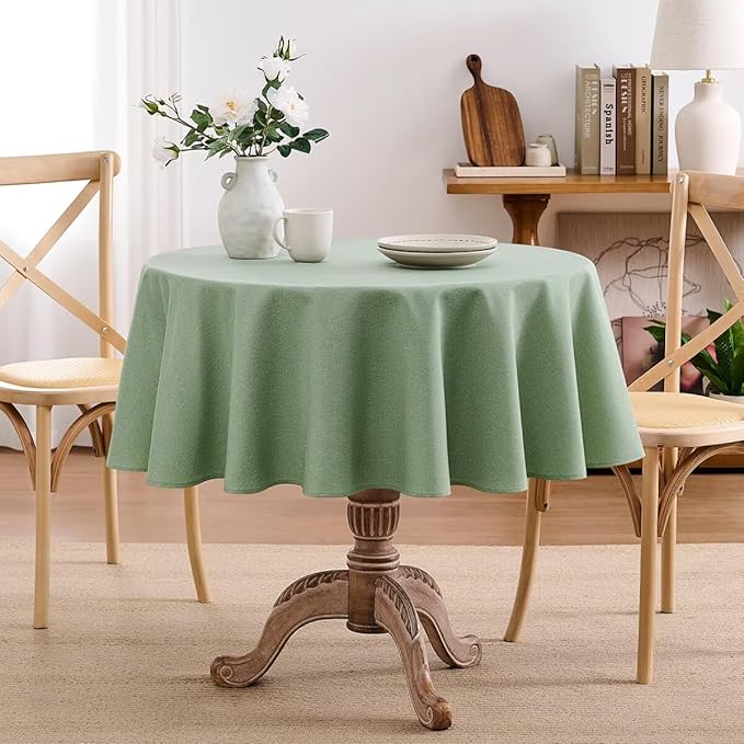 Faux Linen Tablecloths for Rectangle Tables, Burlap Textured Table Cloths Washable Farmhouse Table Cover Water Resistant for Dining, Wedding, Outdoor(Sage Green, 60" Round)