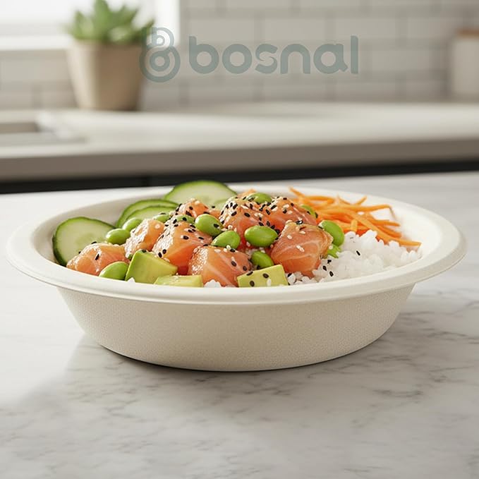 BOSNAL 10 inch & 7 inch Round Plates with 16 oz Bowls & Cutlery – 100% Plant-Based Sugarcane Bagasse, Eco-Friendly Disposable Dinnerware for Hot & Cold Meals, Microwave Safe, Durable & Compostable